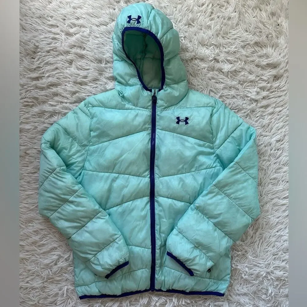 Under Armour Storm Teal Hooded Puffer Zip Up Jacket Girl's Size XL